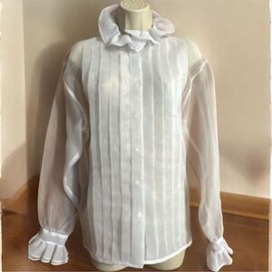 Camice Vintage Sheer White Ruffle High Collar Pleated Front Blouse Size 10